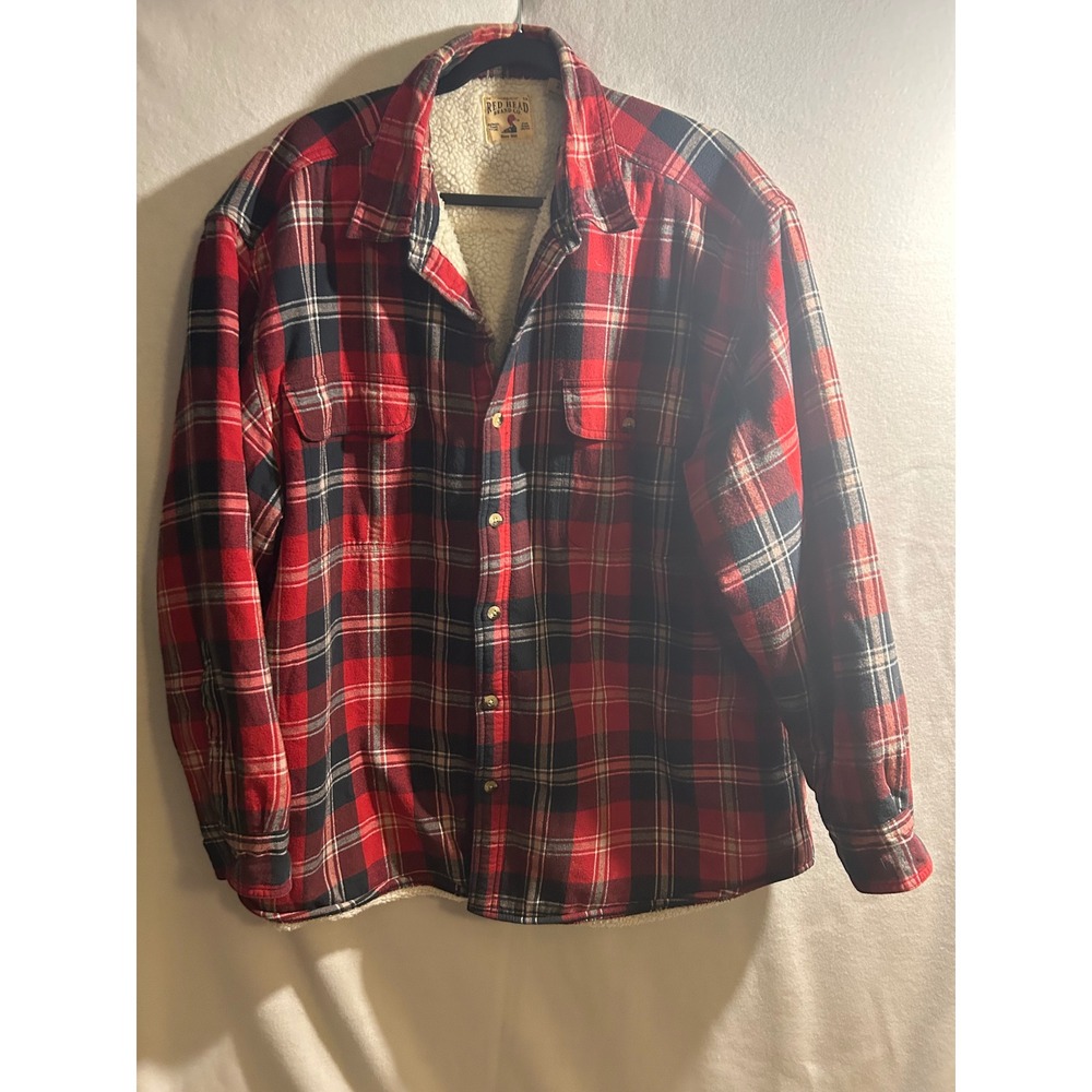 RedHead Brand Co Mens 2XL Red Plaid Sherpa Lined Flannel Shirt Jacket Shacket